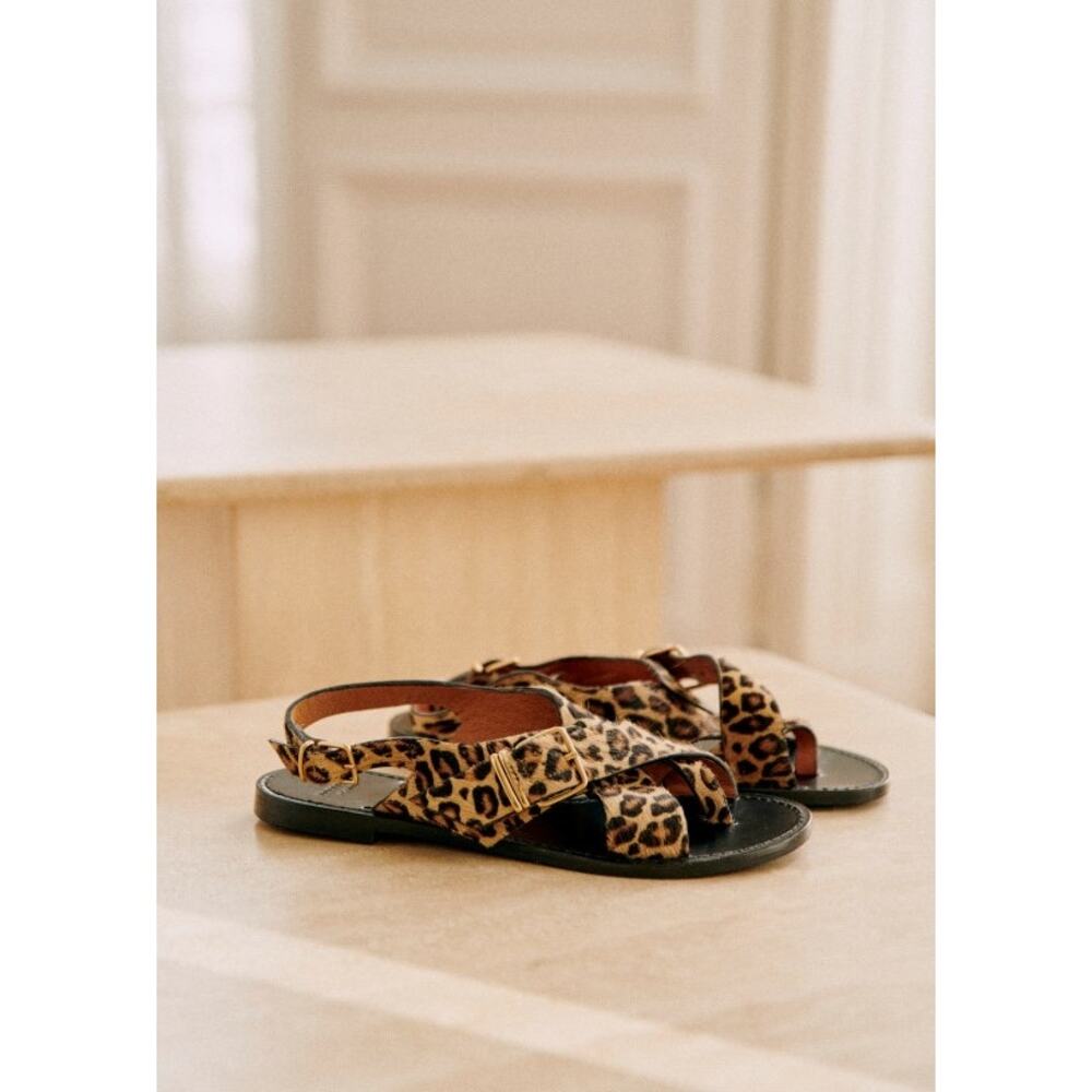 La Maille Sezane Judith Sandals in Leopard Pony Effect Cowhide Leather Size 39✨